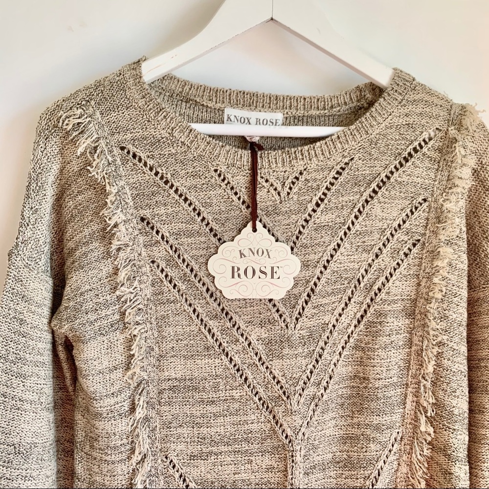 NWT KNOX ROSE Fringe Boho Taupe Sweater - Picture 6 of 10